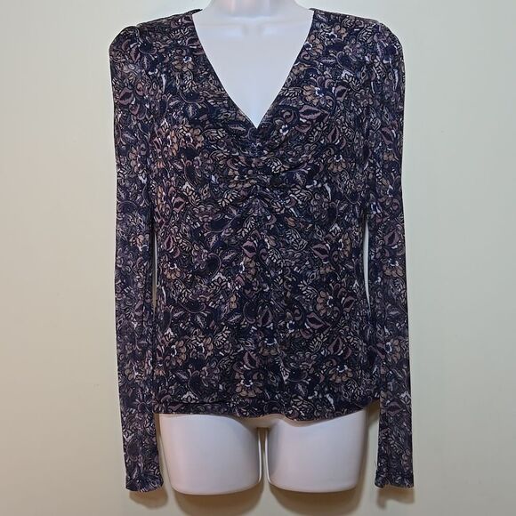 Evereve Amora Ruched Dark Floral Mesh Top Sheer Sleeve V-neck Size Medium - Picture 11 of 13